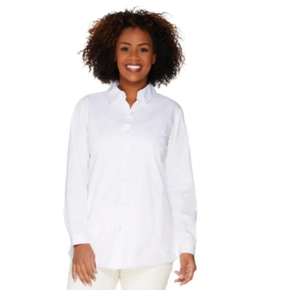 New Joan Rivers Lightweight Denim Boyfriend Shirt with Fringe Hem | Size XXS